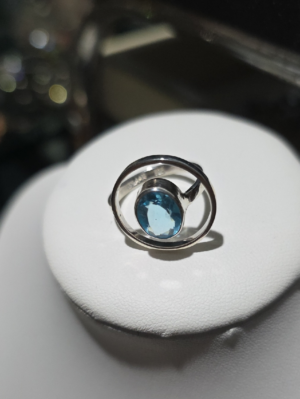 Sterling Silver Blue Topaz Gemstone Circle Ring - Blue